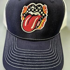 Navy and White Cap with Vheckered Lips.  Red Tongue Patch